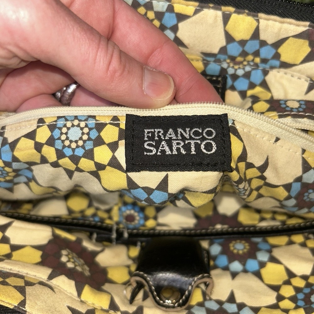 Franco Sarto Black Nylon‎ Satchel Handbag Silver Hardware Geometric Lining - Picture 9 of 10